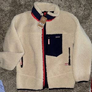 Patagonia Cream Fleece Jacket with Navy and Red Trim